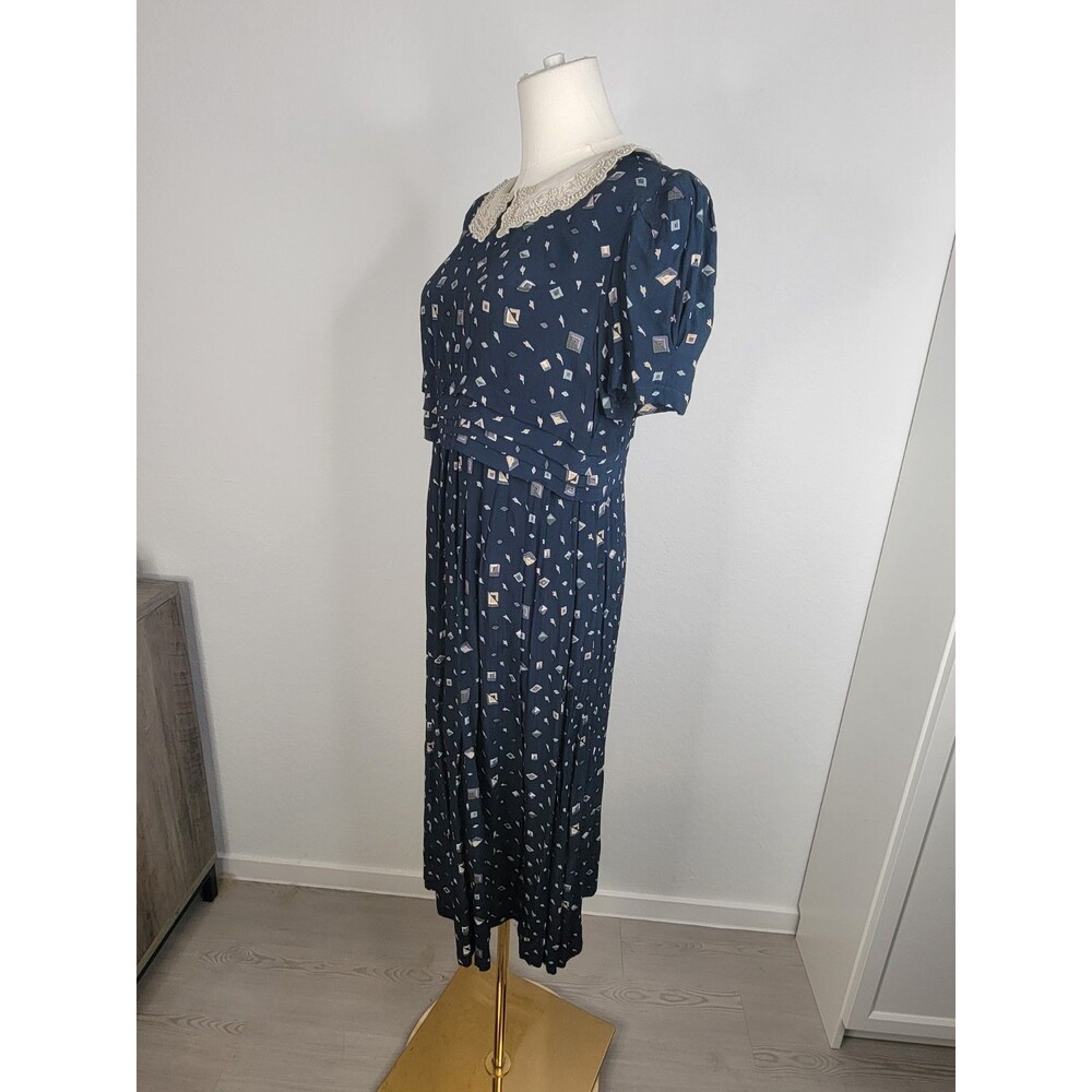 Karin Stevens Navy Vtg Geometric Print Midi Dress Lace Collar Beaded Vintage 10 - Picture 15 of 16